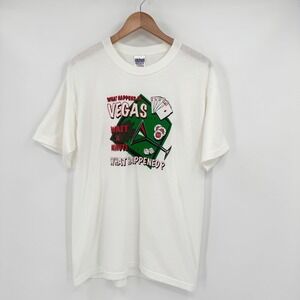 VTG Gildan "What happens in Vegas..." Graphic T-Shirt White Cotton Mens L